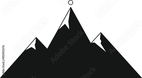 Black silhouette of three mountain peaks with snow and sun mountains