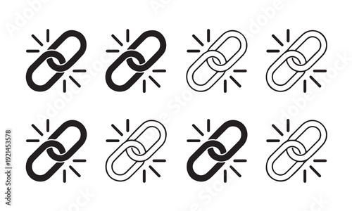 Eight link chain icons in black and white with radiant lines around them on white background