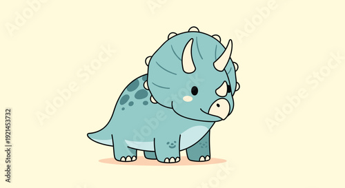 Adorable blue triceratops dinosaur standing with a friendly expression on a soft yellow background, perfect for children.
