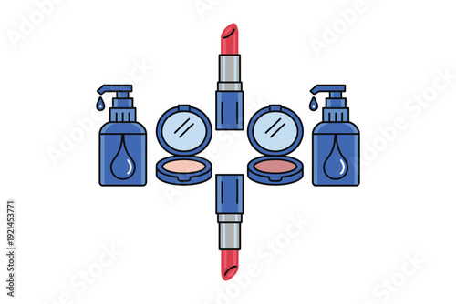 Cosmetic stickers illustration symmetrical arrangement featuring red lipstick, blue compact powder cases, and pump bottles with drop icon on solid black background.
