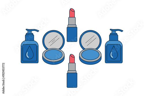 Cosmetic stickers illustration symmetrical arrangement featuring red lipstick, blue compact powder cases, and pump bottles with drop icon on solid black background.