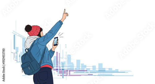 Woman wearing a backpack and red hat standing in front of a city skyline, holding a phone and pointing towards the distance.