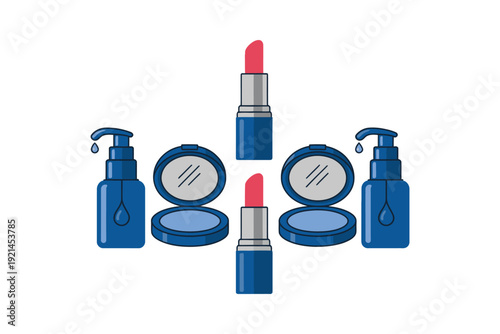 Cosmetic stickers illustration symmetrical arrangement featuring red lipstick, blue compact powder cases, and pump bottles with drop icon on solid black background.