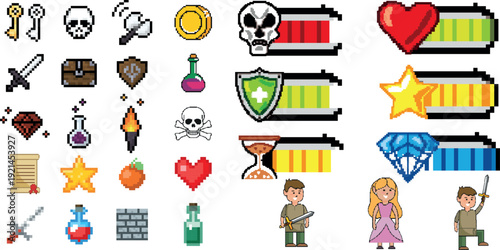 Pixel Style Gaming Arsenal Icons with Weapons and Tools for Game UI