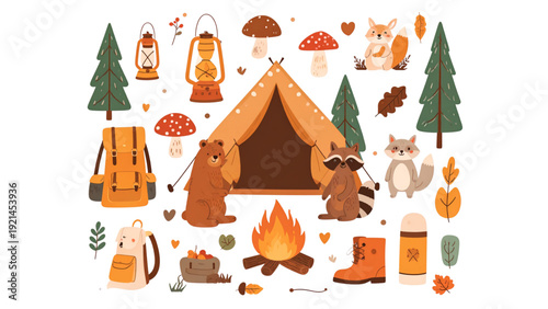 Cute Camping and Outdoor Adventure Flat Vector Set with Forest Animals and Autumn Elements