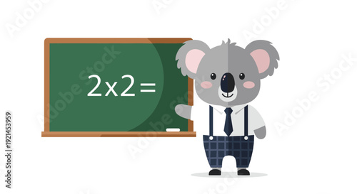 Smart koala character dressed in a shirt and tie standing next to a green chalkboard displaying a multiplication math problem.