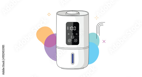 Sleek white air humidifier with a digital display and control panel, surrounded by soft colorful abstract background shapes.