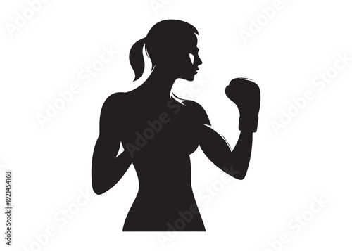 woman boxer logo silhouette vector, woman in boxing gloves silhouette vector illustration,  boxing woman logo silhouette, powerful female boxer logo vector silhouette on white background
