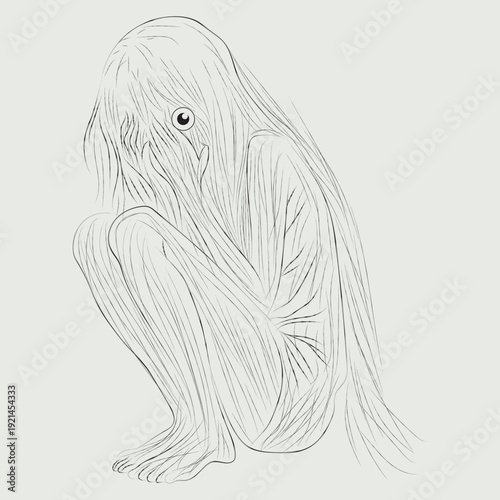 Mysterious Crouching Figure Line Art Illustration with One Eye Peeking