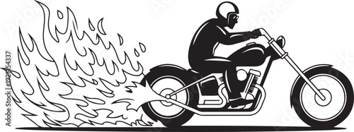 Motorcyclist silhouette riding motorcycle with flames stylized side view on grey grid
