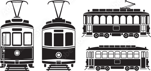 Collection of four vintage tram silhouettes front side and perspective views on grid