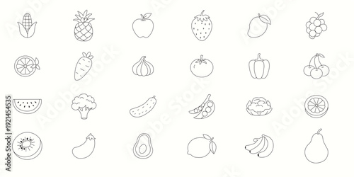 Fruits and Vegetables Line Art Icon Set – Minimal Outline Vector Collection