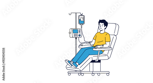 Male patient resting in a specialized medical chair while receiving intravenous treatment with a monitor and drip stand.