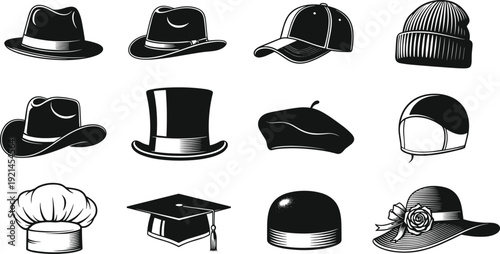Black and white of various hats fashion clothing headwear