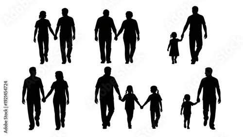 Parents, Children, and Couples Walking Hand in Hand Black Silhouettes Vector Collection