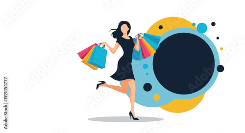 Stylish woman in a black dress carrying numerous colorful shopping bags while walking energetically in front of a graphic background.