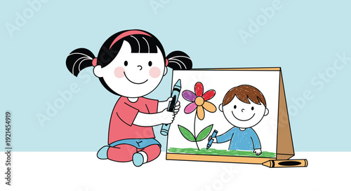 Creative young girl with pigtails sitting on the floor and using crayons to color a large drawing of a smiling boy and a flower.