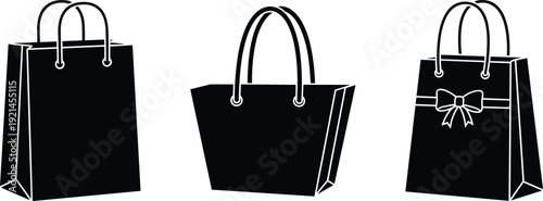 Black shopping bags with white outlines and one with a bow handles gift bag