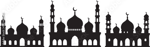 Silhouette of multiple mosques with domes and minarets on transparent background