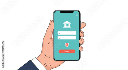 Close up of a hand holding a smartphone displaying a secure mobile banking login interface with a bank building icon.