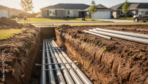 Installation of underground conduit ducts in a suburban subdivision emphasizing conduit alignment with homes softly blurred in the background.