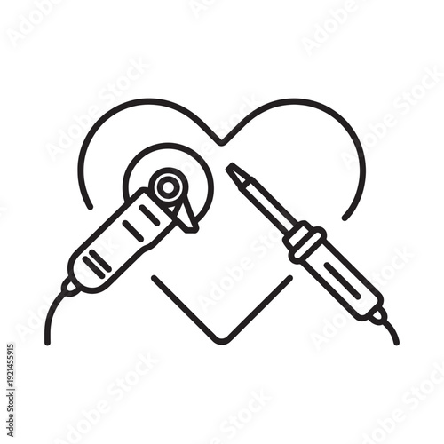 A line art illustration depicts a soldering iron and a rotary tool combined within a heart shape