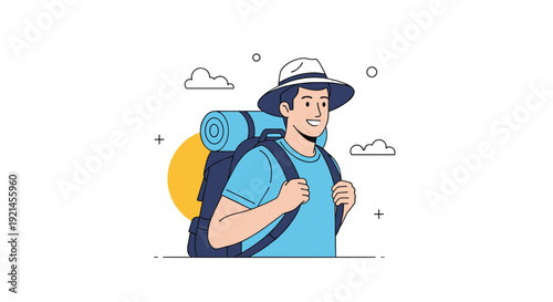 Happy young man wearing a sun hat and a large backpack while hiking outdoors during a sunset or sunrise with clouds.