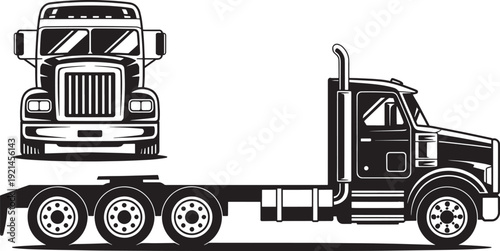 Front and side view silhouettes of semi truck tractor unit isolated on white background