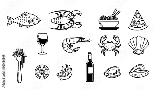 Minimalist black-and-white seafood and food icon vector collection for culinary projects