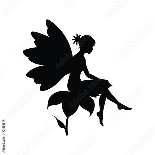 fairy resting on flower silhouette vector illustration, Silhouette of a fairy sitting on a leaf with wings spread, elegant vector illustration