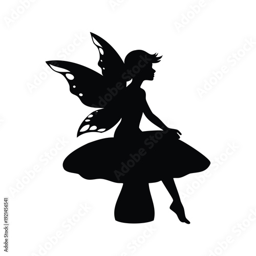 fairy sitting on toadstool silhouette vector illustration, Mythical fairy with wings and dress silhouette vector illustration