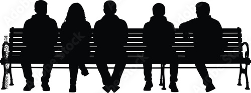 Black silhouettes of diverse people sitting together on a long wooden park bench in a row for urban city lifestyle and public furniture concept isolated on white