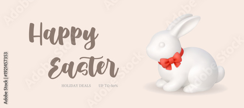 Happy Easter banner with a white bunny. Minimal 3D realistic background create a charming spring promotion template for holiday sales and campaigns.