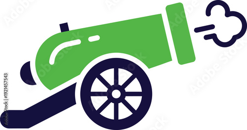 Green and navy blue cartoon cannon firing smoke, isolated on white background, vector illustration for historical or concept themes.