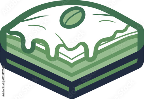 Baklava dessert icon. Includes layered pastry, syrup, and pistachio nut. Created in flat line art style with green and white palette.