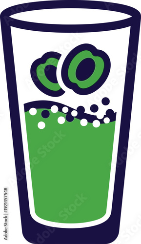 Green smoothie drink in glass with two avocado slices and bubbles. Created in flat cartoon style with dark blue and green palette.