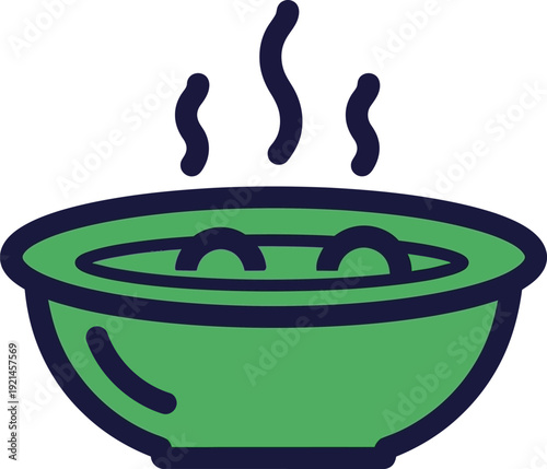 Steaming green bowl filled with soup and visible ingredients, vector illustration for a hot meal or comfort food concept.