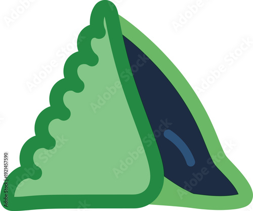 Green triangular samosa or dumpling icon with dark filling, outlined in dark green.
