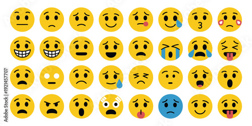 Emoji face icons vector funny expressions for chat and social design, cute emotional smiley symbols