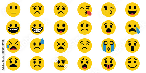 Emoji face icons vector funny expressions for chat and social design, cute emotional smiley symbols