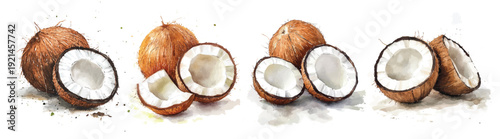 Mine Watercolor, hand-painted fresh coconut painting illustration, vector illustration,  painting design, and EPS format design. vector illustration, isolated on a white background