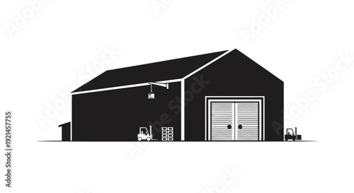 Detailed Black Silhouette of a Modern Industrial Warehouse Building with Forklifts and Pallets, Logistics and Storage Vector Art