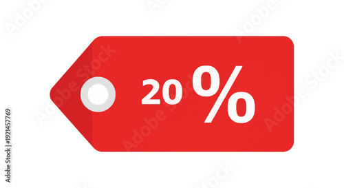 Red 20 percent discount tag, sale label, special offer symbol, promotion banner, price reduction element, commerce icon, marketing deal graphic