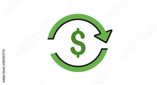 Money exchange icon. Green dollar sign with circular arrow symbolizing financial transactions, currency conversion, return, and refresh.