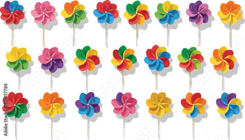 Large Set of Colorful Garden Pinwheels and Rainbow Wind Spinners on Sticks for Outdoor Festivals Childrens Toys and Playful Spring Celebration Graphic Design
