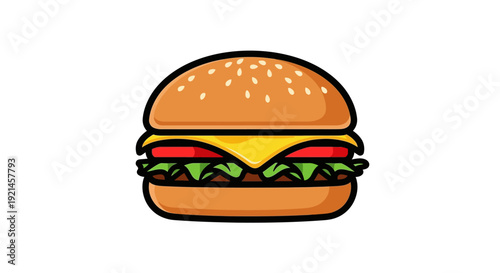 Delicious cartoon cheeseburger illustration with sesame bun, beef patty, melted cheese, lettuce, and tomato slices. Classic fast food icon vector.