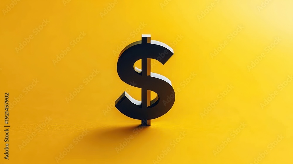 Obraz premium 3d black dollar sign standing on bright yellow background with soft shadow conveying prosperity and confident optimism