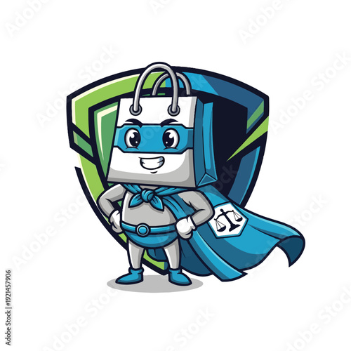 Cartoon Shopping Bag Superhero with Cape and Shield