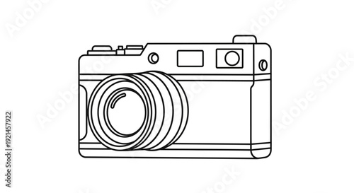 Retro vintage camera outline illustration. Black and white line art icon for photography, hobby, creativity, and digital media.