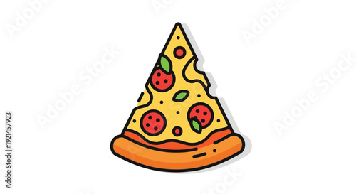 Delicious cartoon pizza slice illustration with pepperoni and basil toppings. Flat design vector graphic icon of fast food.